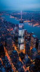 Fototapeta premium Aerial photograph showing the illuminated city skyline at twilight time