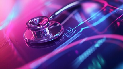 Stethoscope on digital health interface, neon glow