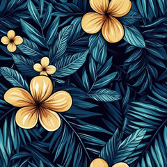 Yellow tropical flowers and blue palm leaves in seamless pattern design