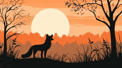 Fox Silhouette Sunset Forest Autumn Landscape.