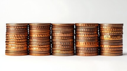Stacks of Gold, Silver, and Bronze Coins, Stacks of gold, silver, and bronze coins arranged in rows on a white background
