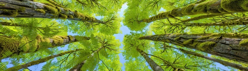 Fototapeta premium A vibrant canopy of trees viewed from below, showcasing lush green foliage against a bright blue sky.