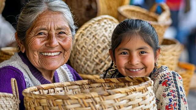 Generational Warmth: An elderly woman and a young girl, possibly grandmother and granddaughter, share a tender moment, their faces illuminated by genuine smiles while holding a wicker basket.
