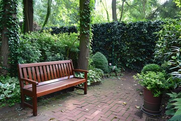 A serene garden scene featuring a wooden bench surrounded by lush greenery, ivy-covered walls, and potted plants, creating a peaceful retreat.
