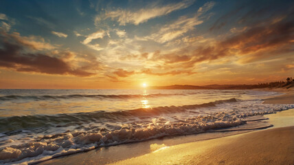 Obraz premium Golden hour ocean beach with gentle waves under a vibrant sunset sky