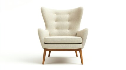 Fototapeta premium Mid-century modern chair with wooden legs and grey fabric upholstery, elegantly placed on a white background for a timeless look.