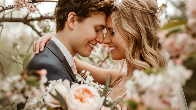 A newlywed couple sharing a romantic gaze under a canopy of cherry blossoms, the bride holding a delicate pastel-colored bouquet.