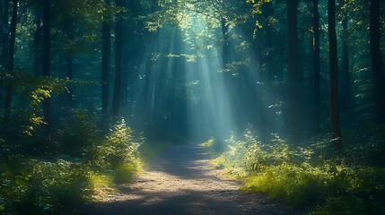 Fototapeta premium Mysterious forest with fog and sunlight.