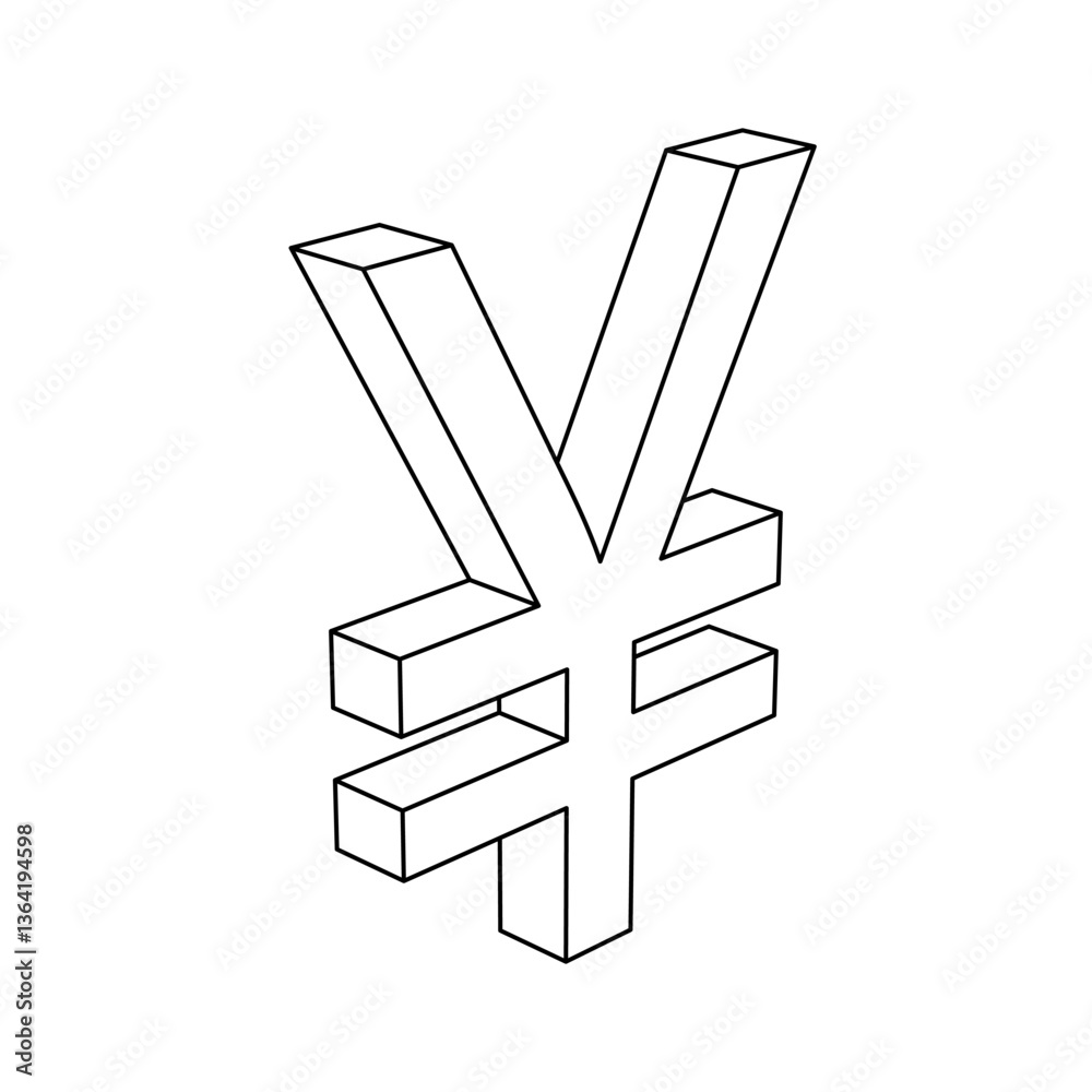 Poster the outline of a large yuan symbol is made with black lines. 3d view of the object in perspective. v