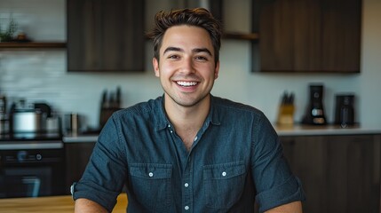 Cheerful young man smiling at home lifestyle portrait modern kitchen warm atmosphere