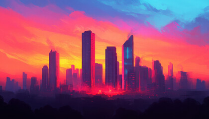 Vibrant city skyline at sunset with colorful sky and modern structures.