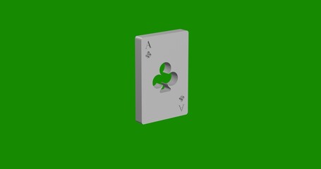 Isolated realistic white ace of clubs card front view with shadow. 3d illustration on green chroma key background