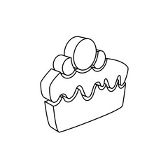 The outline of a large piece of cake symbol is made with black lines. 3D view of the object in perspective. Vector illustration on white background
