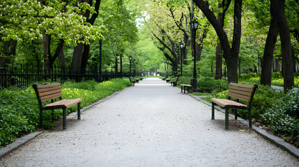 Symmetrical park pathway with benches lined by trees and lush greenery under natural daylight
