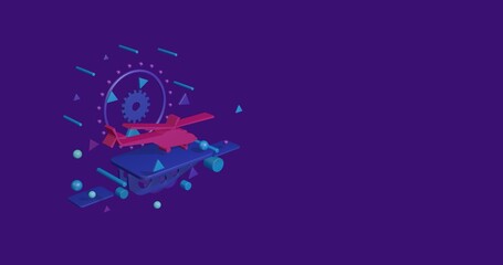 Fototapeta premium Pink helicopter symbol on a pedestal of abstract geometric shapes floating in the air. Abstract concept art with flying shapes on the left. 3d illustration on deep purple background