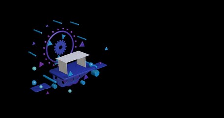 White table on a pedestal of abstract geometric shapes floating in the air. Abstract concept art with flying shapes on the left. 3d illustration on black background