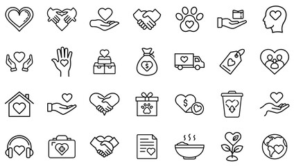 Charity and Donation Icons Set – Nonprofit Support, Heart Care, Giving, Fundraising, Volunteer Work, Pet Aid, Kindness, Humanity, Social Responsibility, and Compassion Symbol Line Icons