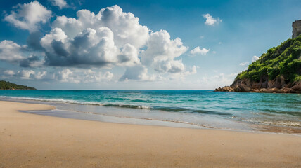 Obraz premium Idyllic Tropical Beach Paradise with Turquoise Water and Lush Greenery Island