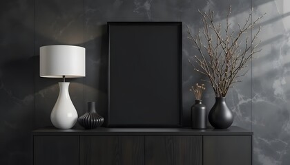 Elegant Dark Interior with vertical Blank Black Frame Mockup