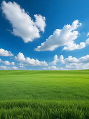 Obraz premium green grass field with blue sky ad white cloud. nature landscape background