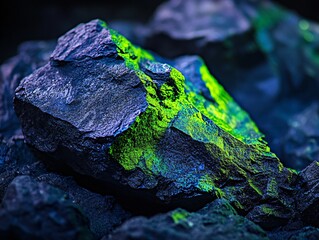 Uranium ore glowing under black light laboratory closeup image scientific environment macro view radiative elements