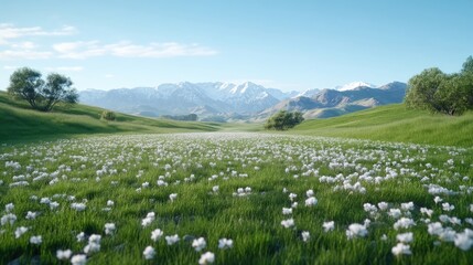 Vast meadow blanketed in white flowers, stretching towards majestic mountains.  Sunlight bathes the landscape
