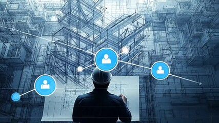 An architect in a white hard hat reviews architectural blueprints with building diagrams in view.