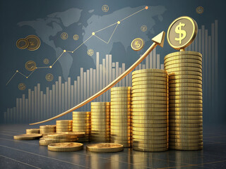 Dollar Coin Growth, Rising Markets Worldwide, Investment Success, Financial Progress Illustration