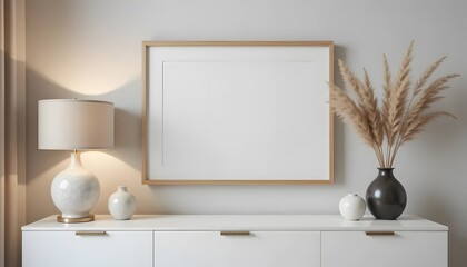 Horizontal Blank Picture Frame Mockup on White Sideboard