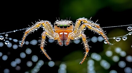 Fototapeta premium Dew-covered jumping spider on its web.