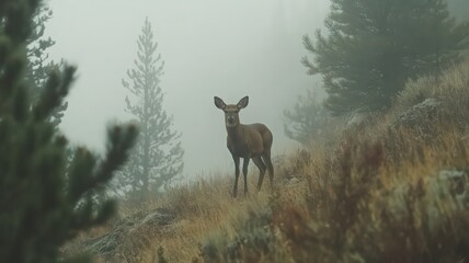 Naklejka premium Young Deer in Foggy Autumn Forest