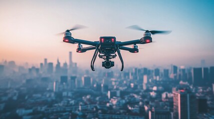Drone flying over city at sunrise, aerial photography