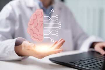 Doctor holding brain artificial intelligence technology help diagnosis disease treatment healthcare science research concept