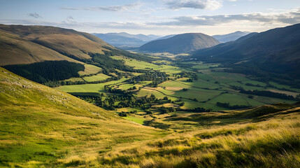 Fototapeta premium Green Valley Landscape With Mountain View Under Bright Sunlight and Blue Sky
