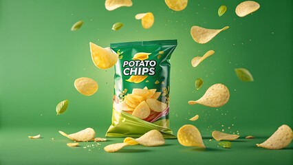 Potato chips bag, green packaging, flying potato chips, product photography, crisp snacks, floating food