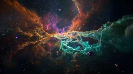 Obraz premium Vibrant Nebula And Starfield With Colored Clouds Against A Dark Background Illuminating The Universe
