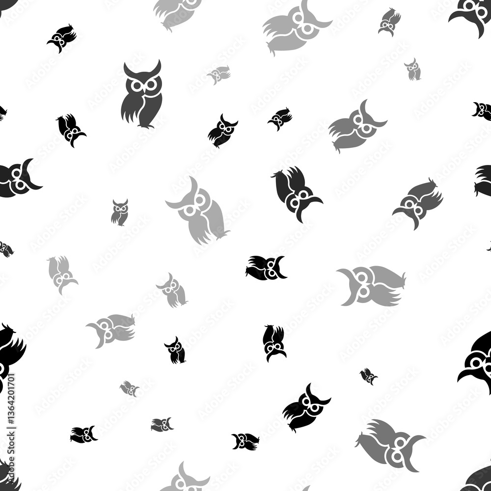 Poster seamless vector pattern with owl symbols, creating a creative monochrome background with rotated ele