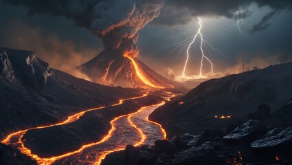 Fototapeta premium Volcanic eruption, lava flow, and storm scene. Dramatic landscape with fire and chaos