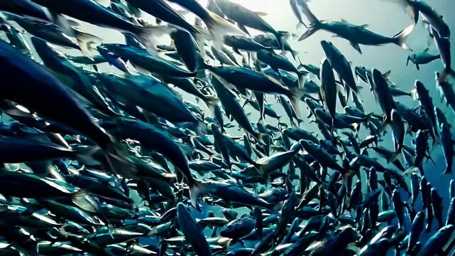 Underwater video capturing a dynamic school of fish from a low-angle perspective, showcasing fluid motion and natural aquatic beauty.