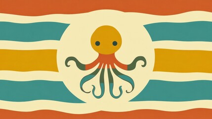 Cute Octopus Ocean Retro Flag Design Illustration.