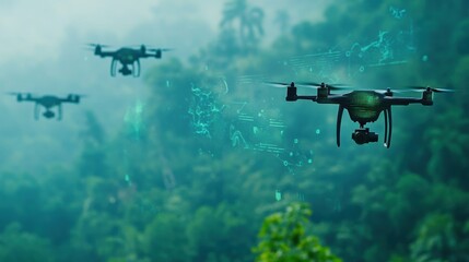 Fototapeta premium A drone fleet monitoring endangered species in the wild, a futuristic conservation center with AI-driven wildlife tracking, High-tech style