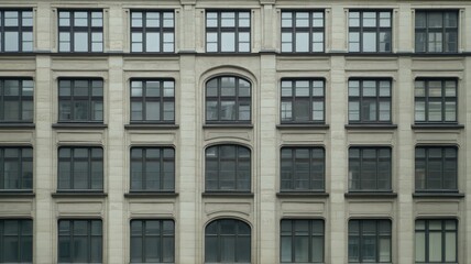 Obraz premium Beige Building Facade with Dark-Framed Windows and Stone Details