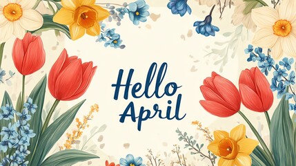 Hello April, Colorful spring flowers welcoming April's arrival.