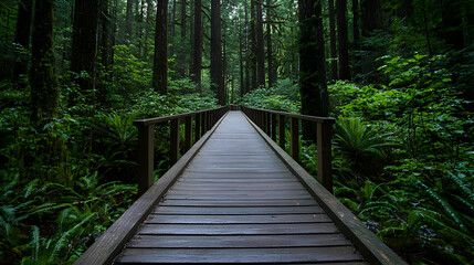 Wooden Bridge Pathway Through Dense Lush Green Rainforest Canopy Under Soft Natural Daylight