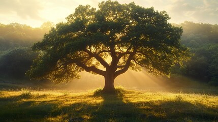 Fototapeta premium A solitary tree bathed in golden sunlight during the day
