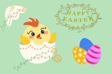 Cheerful Easter Card. Colorful Easter Illustration. Happy Easter Greeting with Cartoon Chick, Eggs, Floral Decorations.The text "Happy Easter" is written in a decorative floral wreath
