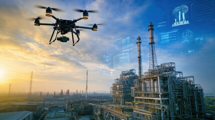 A drone inspecting a power plant for maintenance, industrial power plant with drones flying overhead and digital inspection data displayed, High-tech style
