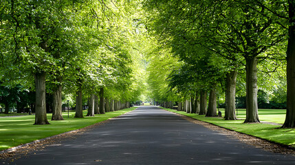 Fototapeta premium Lined Trees Along An Asphalt Road in a Lush Green Park Illuminated by Bright Sunlight