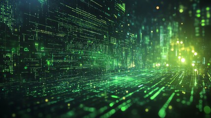 Green coding screen with square light background, digital technology, advanced programming interface, glowing text, futuristic tech development, vibrant coding symbols