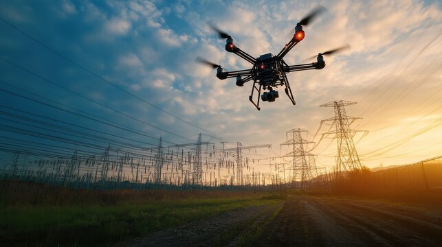 A drone inspecting power lines for maintenance, rural area with drones flying over and real-time data monitoring on screens, High-tech style